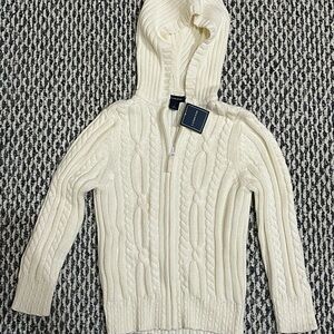 Lands' End Ivory Cable Knit Hooded Sweater